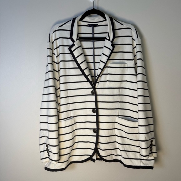 Land’ End Navy Blue White Striped Cotton Knit Nautical Blazer Size 26WP - Picture 1 of 8